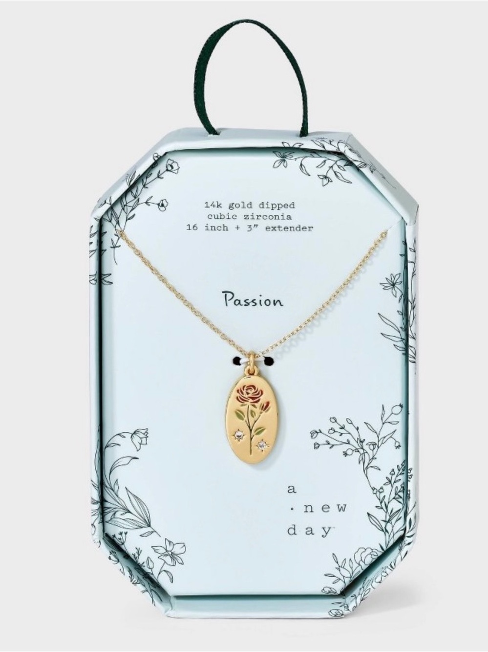 a new day Gold Oval Rose Pendant Necklace with Red and Green Accents